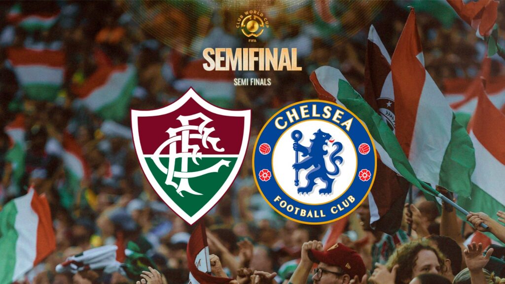 Escudos do Fluminense e Chelsea com Torcedores em um Estádio ao fundo.