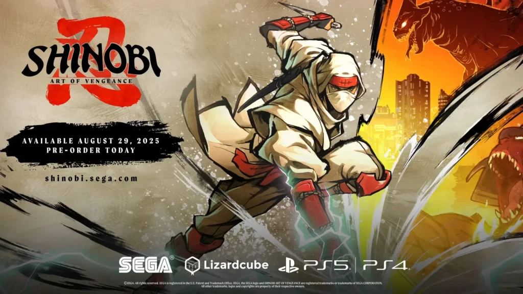Joe Musashi, o ninja de Shinobi: Art of Vengeance, em pose de combate com o logo do jogo.