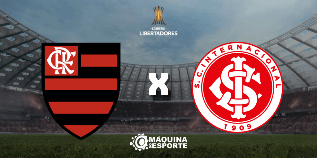 Escudos do Flamengo e do Internacional em destaque no gramado do Maracanã.
