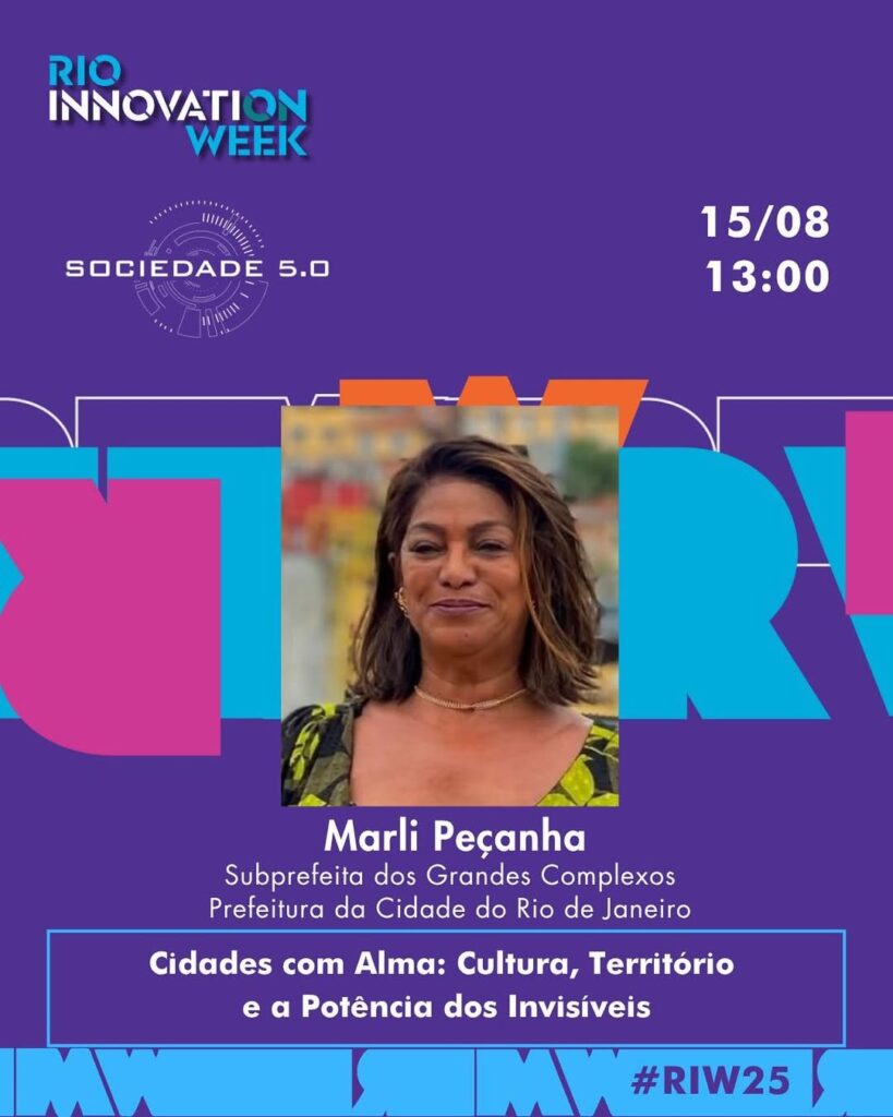 Marlí Peçanha, subprefeita do Rio, falando no Rio Innovation Week sobre inovação nas favelas.