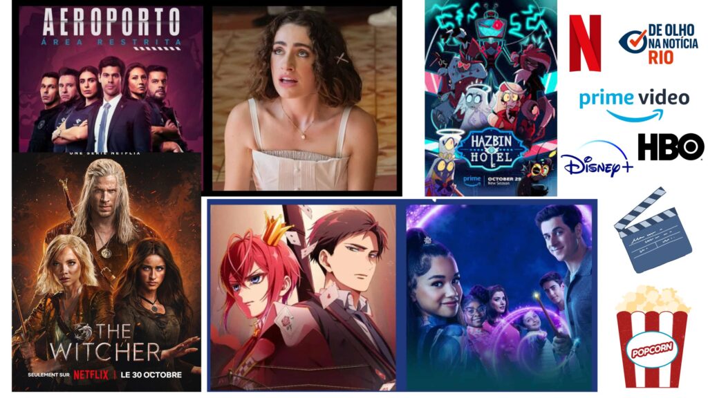 Lançamentos streaming semana com logo Netflix, Prime Video, HBO Max e Disney+ e imagens de The Witcher e Tremembé.