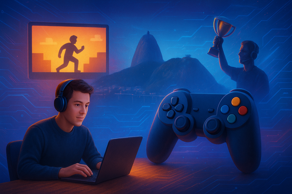 Ilustração futurista  simbolizando o edital de R$1,5 milhão da RioFilme para a indústria de games no Rio.