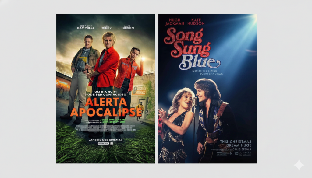 Cartazes dos filmes Alerta Apocalipse e Song Sung Blue, lançamentos de cinema da semana.