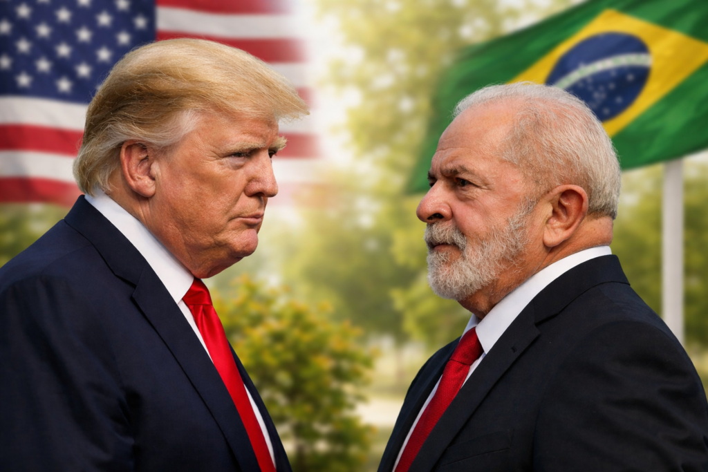 Montagem com o presidente Lula e Donald Trump em contexto diplomático sobre o conflito em Gaza.