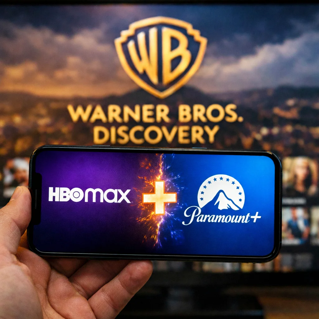 Logos da HBO Max e Paramount Plus lado a lado simbolizando a fusão das plataformas de streaming.