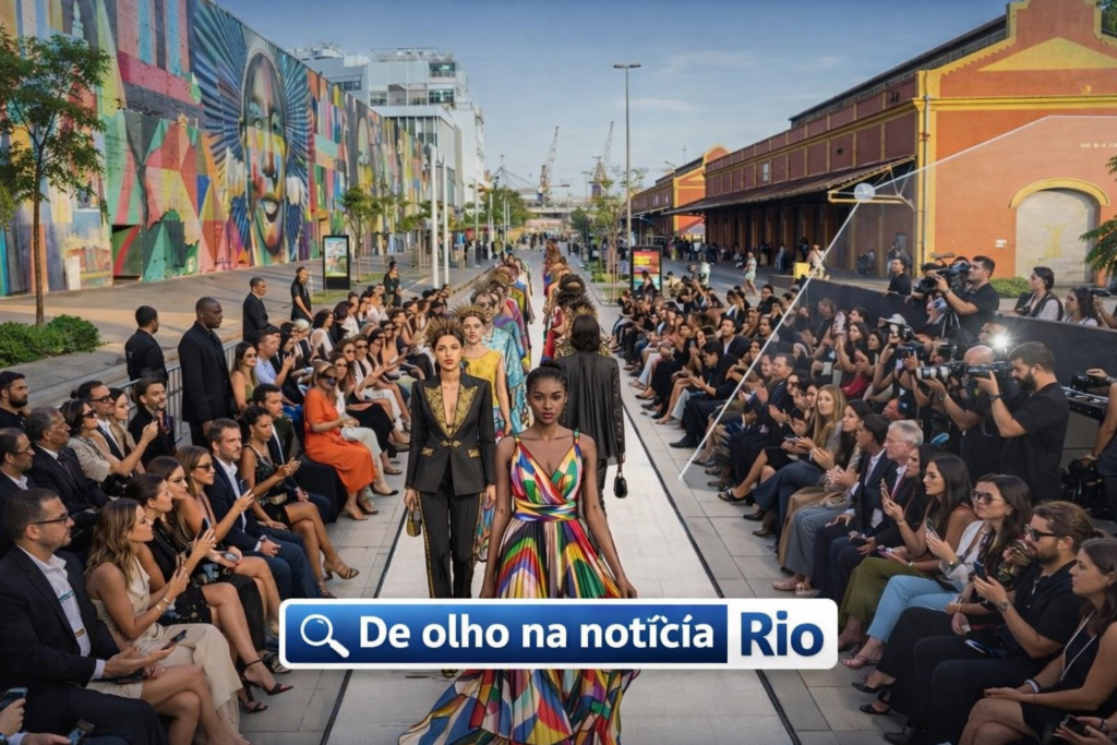 Desfile de moda no Porto Maravilha durante o Rio Fashion Week 2026.