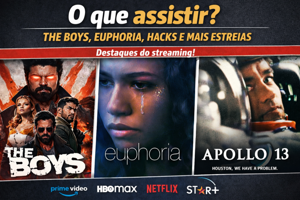 Montagem com cartazes das séries The Boys, Euphoria e o documentário Apollo 13.