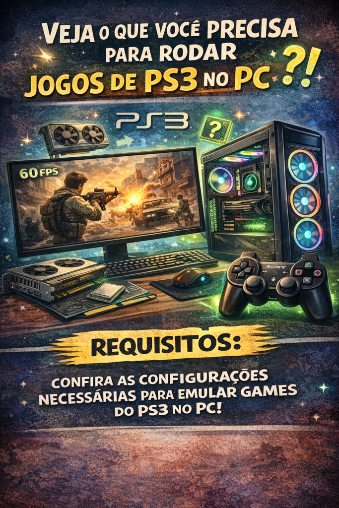 Tabela comparativa de requisitos mínimos e recomendados para o emulador RPCS3 de PS3 no PC.