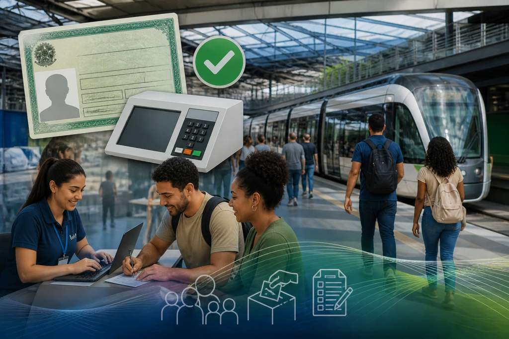 Guichê de atendimento do TRE-RJ no Terminal Gentileza com eleitores sendo atendidos.
