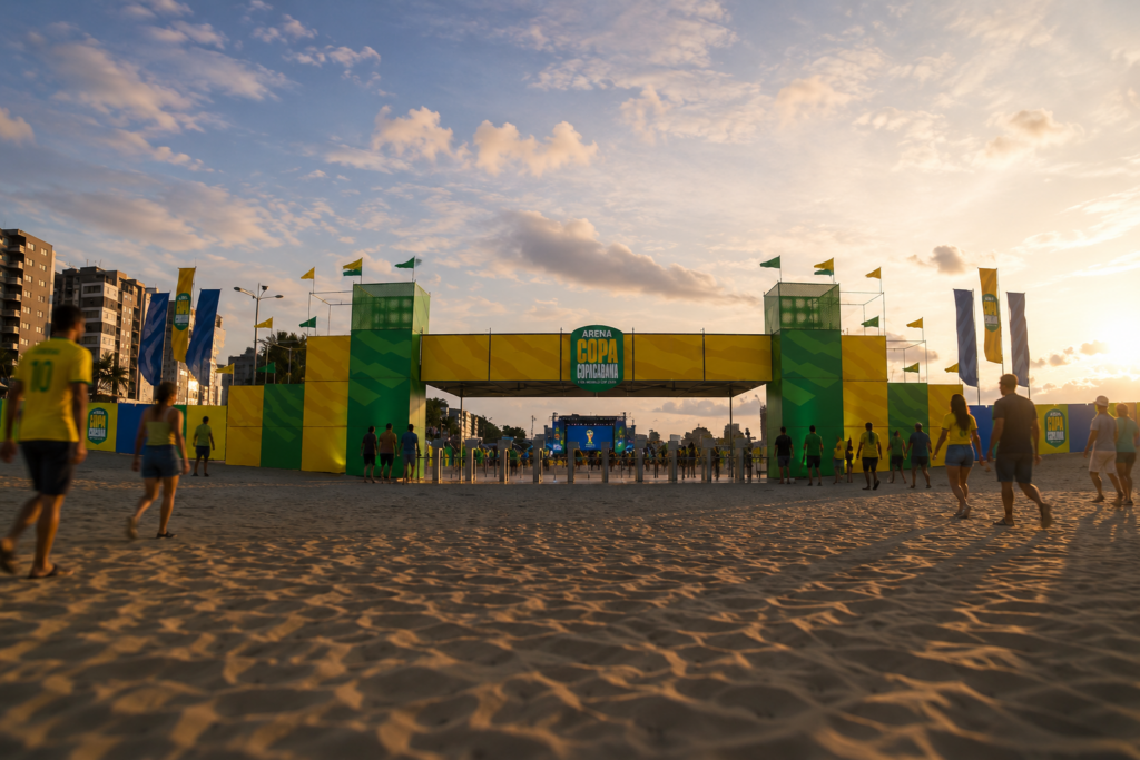 Arena montada na Praia de Copacabana com telão e público assistindo ao jogo da seleção brasileira na Copa do Mundo 2026.