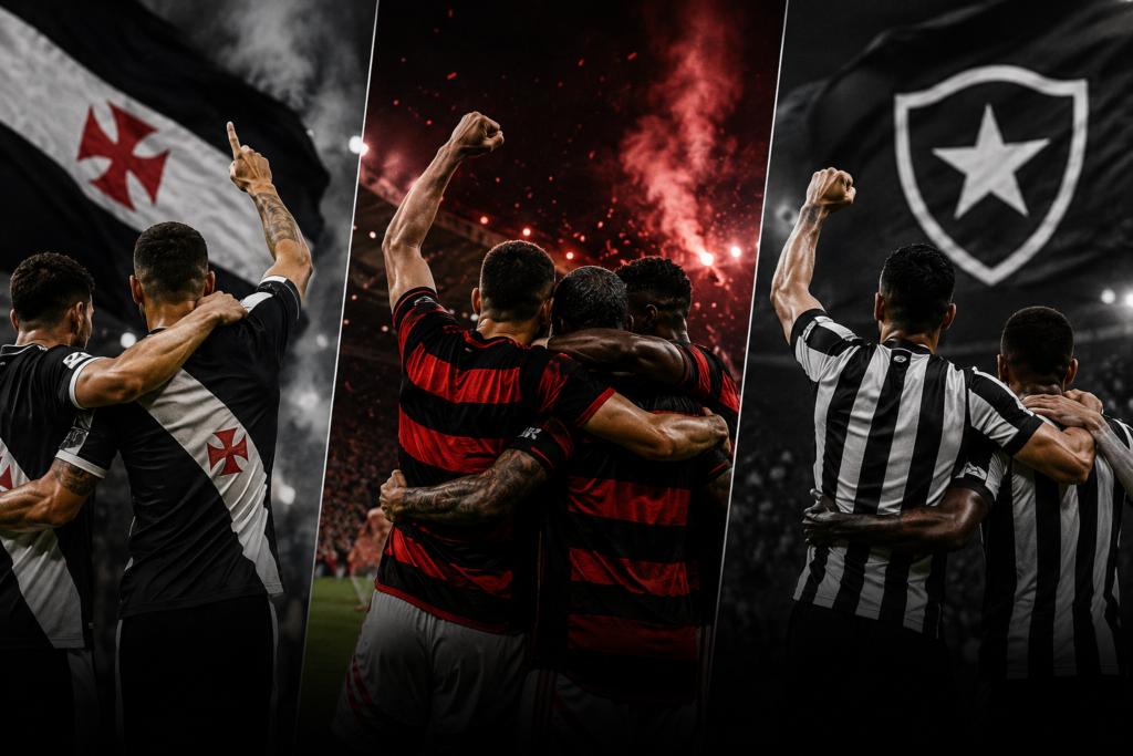 Montagem com jogadores de Vasco, Flamengo e Botafogo comemorando gols na rodada do Brasileirão.