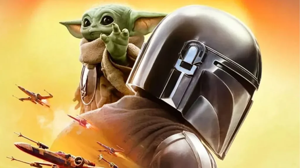 Cartaz oficial do filme O Mandaloriano e Grogu com Din Djarin e o Baby Yoda.