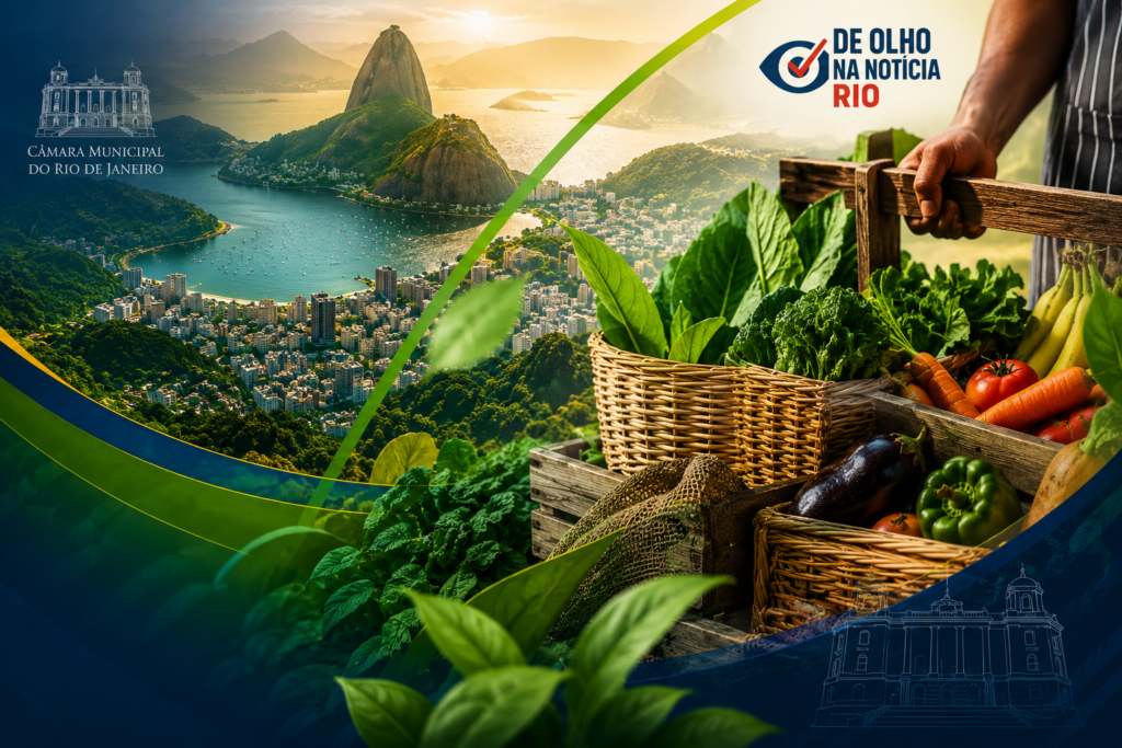 Produtos de agricultura familiar em uma feira no Rio de Janeiro, representando o Selo Carioca Mais Sustentável.