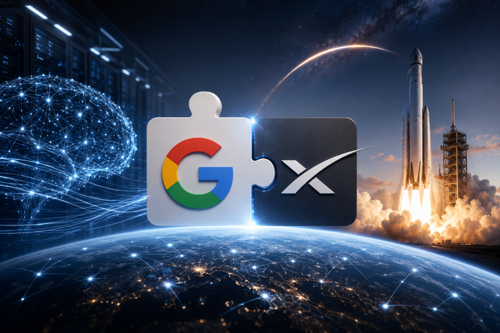 Montagem com os logotipos do Google e da SpaceX simbolizando o acordo bilionário para turbinar IA e o modelo Gemini.