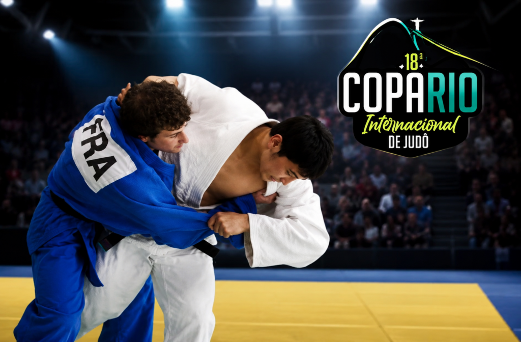 Atletas participam da Copa Rio Internacional de Judô 2026 no Complexo Esportivo Caio Martins, em Niterói.