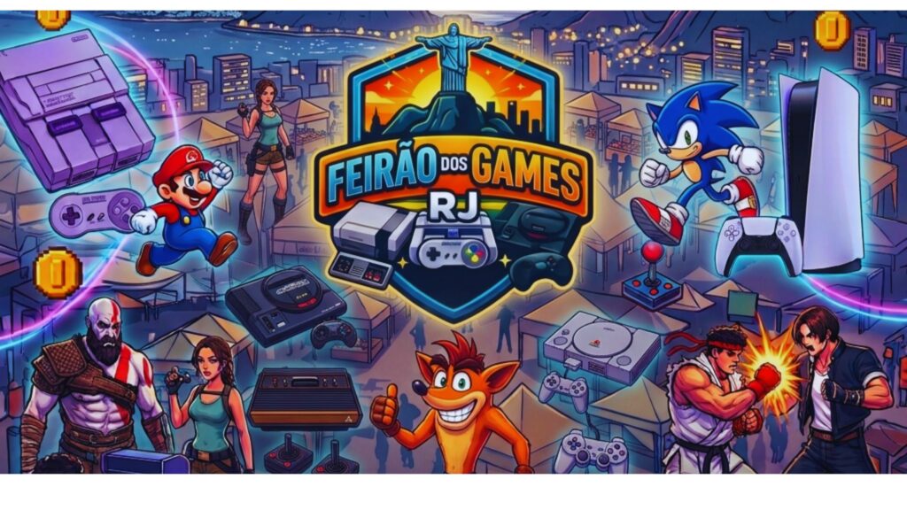Feirão dos Games RJ reúne consoles retrô, videogames atuais e fãs da cultura gamer na Tijuca, Rio de Janeiro.